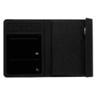 An open black folio case lies flat on a white background. The left side features compartments and slots for organizing items, while the right side can accommodate a tablet or notebook. A stylus holder is attached to the top right corner.
