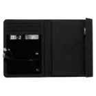 An open black organizer with slots for cards, a notebook, and pen holder. USB cables are neatly stored inside, while several cards are visible in the designated slots. The organizer is fully open, revealing its contents.