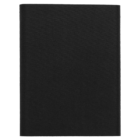 A closed black hardcover book with a plain cover, placed upright against a white background.