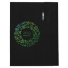 A black notebook with a green Zero Waste design on the cover, featuring eco-friendly icons like a bicycle, tree, recycling symbol, and leaves. The notebook has an elastic closure with a tag labeled RECYC.