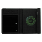 Black organizer with Zero Waste in green lettering and eco-themed symbols. Contains compartments and a closed notebook on the right.