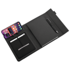 An open black organizer displaying a smartphone in a holder, a closed notebook, a pen, and slots holding credit cards.