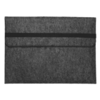 A dark grey felt laptop sleeve with a flap and black horizontal band closure. The texture appears soft, providing protective cushioning for a laptop. The design is minimalistic and elegant, ideal for professional or personal use.
