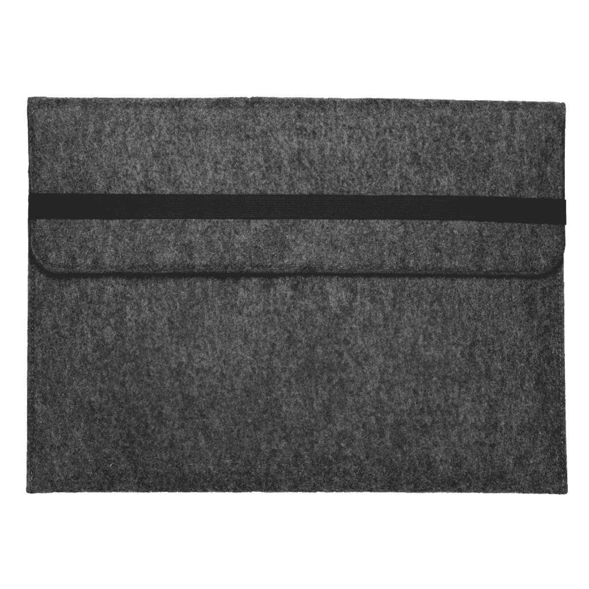 A dark grey felt laptop sleeve with a flap and black horizontal band closure. The texture appears soft, providing protective cushioning for a laptop. The design is minimalistic and elegant, ideal for professional or personal use.