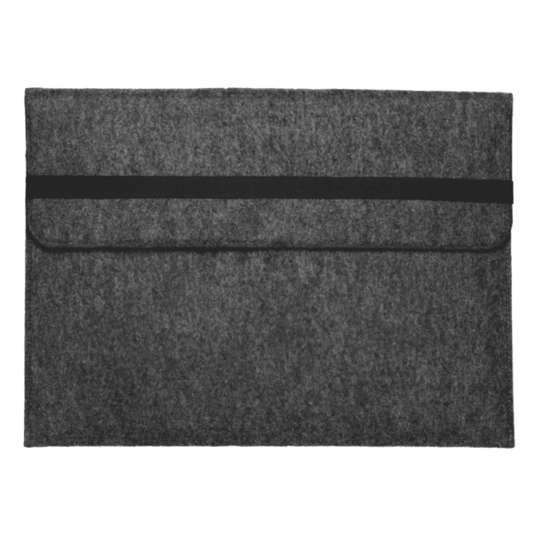A rectangular, gray felt laptop sleeve with a flap closure and a black elastic band across the front. The texture appears soft and slightly fuzzy, suitable for protecting a laptop during transport.