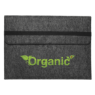 A gray felt laptop sleeve with a black strap, featuring the word Organic in green letters. The text is styled with leafy accents, giving a nature-inspired design.