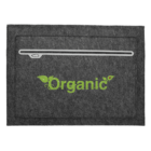 A gray felt laptop sleeve with a zippered closure and the word Organic printed in green with leaf designs on the front.