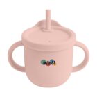 A pale pink sippy cup with two handles and a lid featuring a straw. The cup has Bilbo! printed on it in colorful letters. The design is simple and suitable for children.