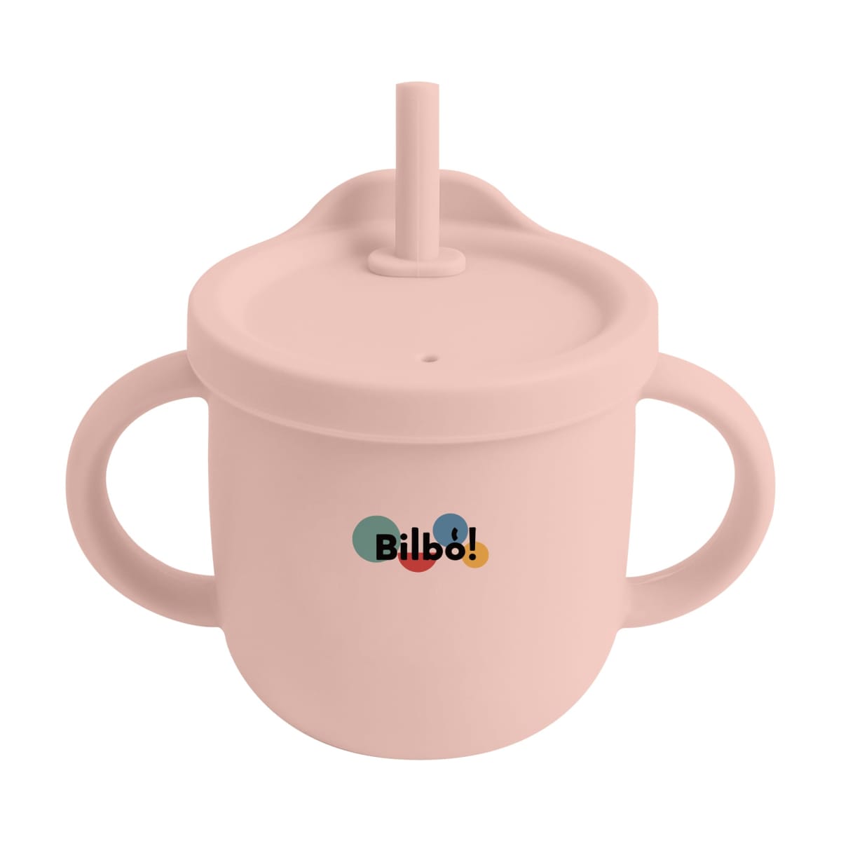A pale pink sippy cup with two handles and a lid featuring a straw. The cup has Bilbo! printed on it in colorful letters. The design is simple and suitable for children.
