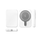 White portable wireless charger shown from different angles, featuring a circular charging pad with an indicator icon and LED lights on the front. Theres a USB-C port visible on the side.