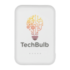 A white rectangular gadget with rounded corners featuring a logo of a lightbulb composed of gears and circuit patterns. Below the design, the text reads TechBulb.