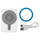 A wireless charging pad with a lightning bolt symbol in the center, a blue circular rubber grip, and a white USB-C cable. The charging pad has specifications and certifications printed on it.