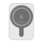 A white wireless power bank featuring a round charging pad in the center. The pad is labeled with specifications including Type C input/output, battery capacity of 5000mAh, and 15W wireless charging capabilities.