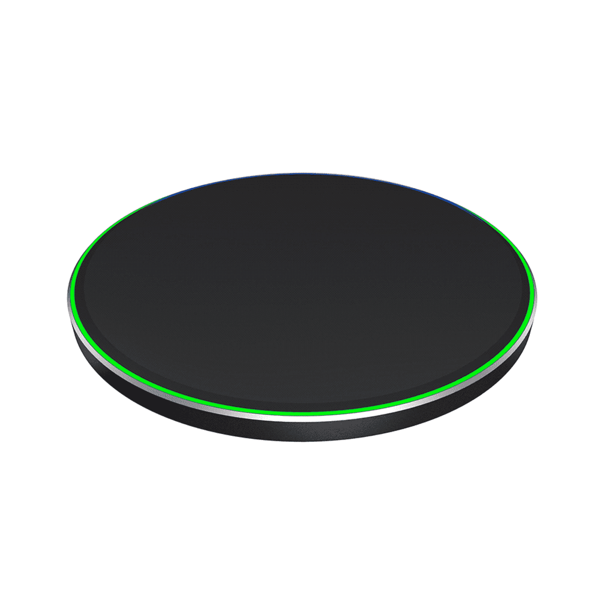 A sleek black wireless charging pad with a thin, illuminated green and blue rim. The circular device has a minimalist design, suitable for charging compatible electronic gadgets.