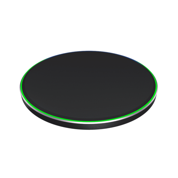 A round, black wireless charging pad with a slim profile. It has a glowing green LED ring around the edge, indicating power status. The surface is smooth and flat, designed for charging compatible devices wirelessly.