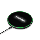 A round, black wireless charger with a green LED light around the edge. The surface has the text your logo in white. A connected power cable extends from its side.