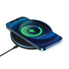 A smartphone with a blue border is placed on a wireless charging pad. The phone screen displays a large green circle with a lightning bolt inside, indicating it is 75% charged. The charging pad is connected via a cable.