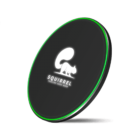 A black circular charger with a green rim and a glowing squirrel logo in the center, accompanied by the text SQUIRREL.