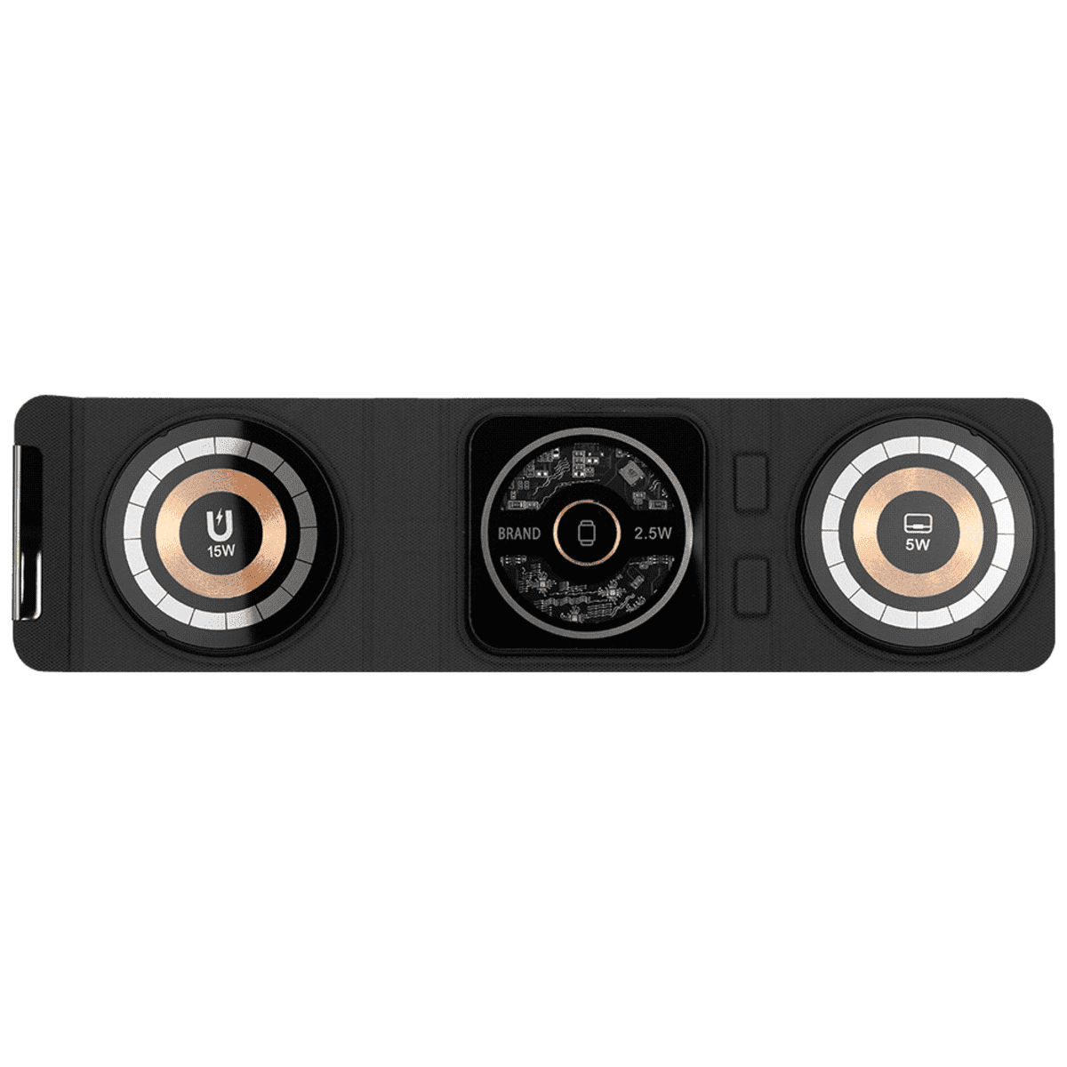 A black foldable charging mat with three circular charging pads. Each pad displays a power capacity: the left at 15W, the middle at 2.5W, labeled BRAND, and the right at 5W. The mat has a sleek and minimalist design.