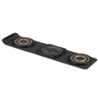A black wireless charging pad with three circular charging areas. The central section features control buttons and LED indicators. The design is sleek, compact, and modern, suitable for simultaneous charging of multiple devices.