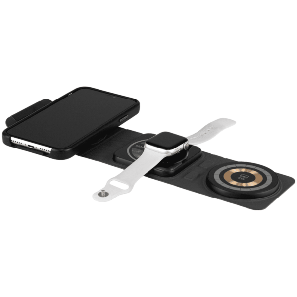 A black wireless charging pad with a smartphone, smartwatch, and pair of wireless earbuds placed on it. The smartphone is in a black case, the smartwatch has a white strap, and the earbuds are in a round case.