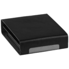 A sleek black leather wallet with a silver accent, designed in a compact square shape. The wallet appears slim and minimalist, suitable for carrying essentials.