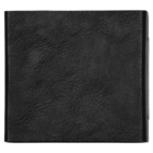 A closed black leather wallet with a textured surface is centered against a white background. The wallet is square in shape, and its clean, minimalist design is visible.