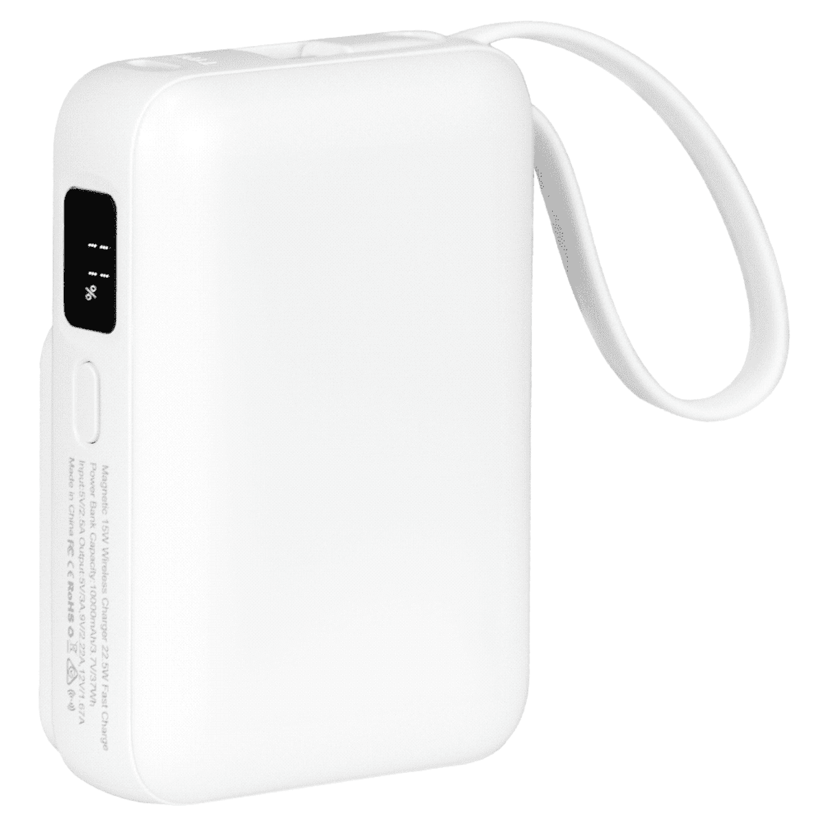 A white power bank with a digital display showing the battery percentage. It has a carrying strap attached to one end and features ports on the side for charging devices.