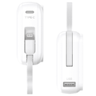 Two white charging adapters are shown. The first adapter features a Type-C port and a connected cable. The second adapter has a USB port with a cable extending from it. Both have a compact, vertical design.