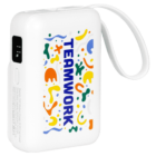 A white portable charger with colorful abstract designs and the word TEAMWORK in bold blue letters. It has a digital display showing a percentage and a white strap attached.