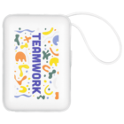 A white pouch with a strap, featuring multicolored abstract shapes and the word TEAMWORK in bold blue letters.