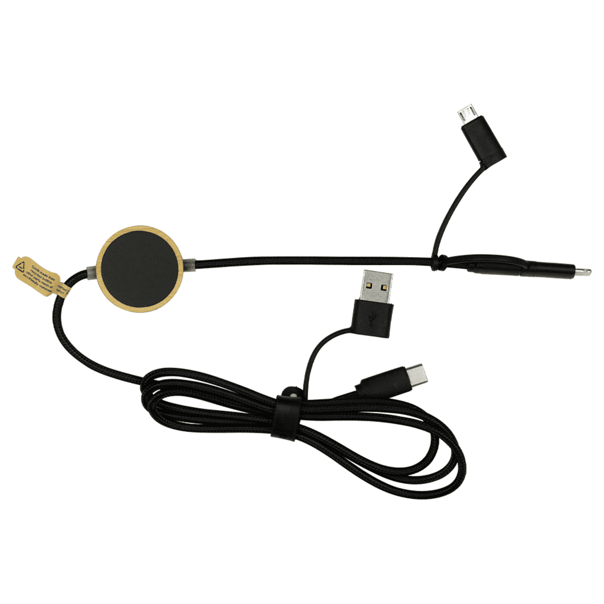 A multi-functional charging cable with a USB connector on one end, a round magnetic charging pad, and various connectors, including micro USB and USB-C. The cable is neatly coiled.