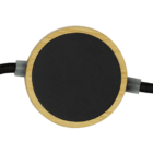 A round, flat object with a wooden outer ring and a black center, connected to black cables on either side.