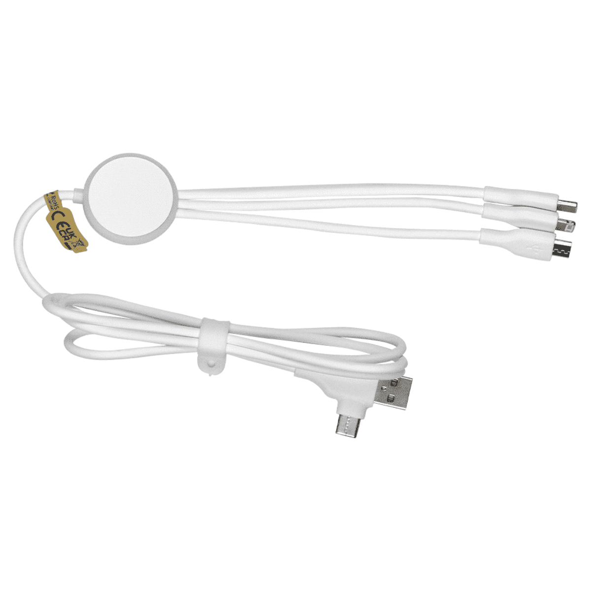 A white multi-connector charging cable with a USB plug and three different adapter ends, including a round magnetic charger, designed to charge various devices.
