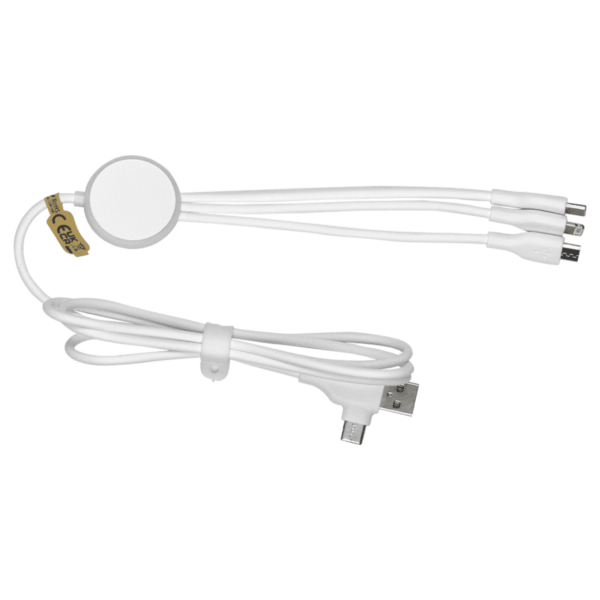 A white USB charging cable with a circular wireless charger pad on one end and three different connectors on the other: USB-C, micro-USB, and a Lightning connector. The cable is neatly coiled, and a CE sticker is attached.