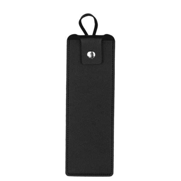 A black rectangular leather pouch with a snap button closure and a loop at the top.