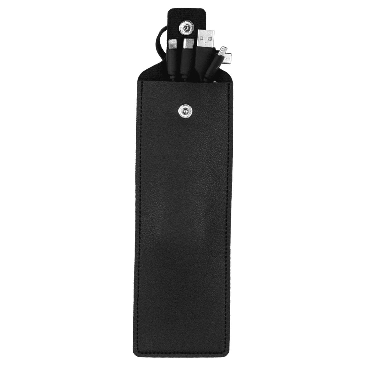 Black leather case containing a USB cable with three connectors: USB, micro USB, and USB Type-C. The flap has a snap button closure.
