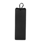 A black rectangular leather bookmark with a rounded top and a looped string for easy placement. The design is simple and elegant, suitable for marking pages in a book.
