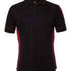 Black polo shirt with red side panels and red trim on sleeves. The shirt has a collar and buttons down the front.