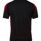 Back view of a black short-sleeve sports shirt with red accents along the shoulders and sides, featuring a collar and a simple, sleek design.