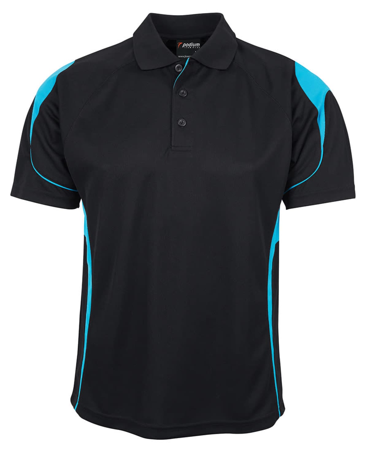 A black polo shirt with short sleeves featuring bright blue stripe accents on the shoulders and sides. It has a three-button placket and a stand-up collar.