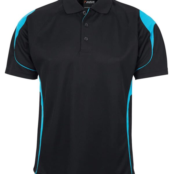 Black polo shirt with a collar and three buttons, featuring bright blue accents on the shoulders and sides.