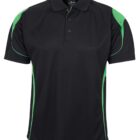 Black polo shirt with green accents on the shoulders and sides. It has a three-button placket and short sleeves.