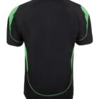 A black short-sleeve polo shirt with green accents on the shoulders and sides, shown from the back. The shirt features a collar and a sleek design.