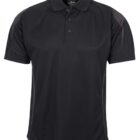 A black short-sleeved polo shirt with a three-button placket and subtle dark gray accents on the shoulders and sides.