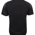Back view of a black short-sleeve polo shirt with a collar. The shirt features a straight hem and subtle gray accents along the shoulders and sides, providing a sleek and casual look.