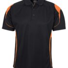 Black polo shirt with orange accents on the shoulders and sides. The shirt features a collar, short sleeves, and a three-button placket.