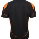 Back view of a black polo shirt featuring orange panels and piping along the shoulders and sides. The shirt has a collar and short sleeves.