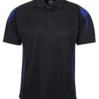 Black polo shirt with blue accents on the shoulders and sides. The shirt features a three-button placket and short sleeves.