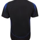 The image shows the back view of a short-sleeved polo shirt. It is predominantly black with blue panels and piping on the shoulders and sides. The shirt has a collar and is laid flat on a white background.